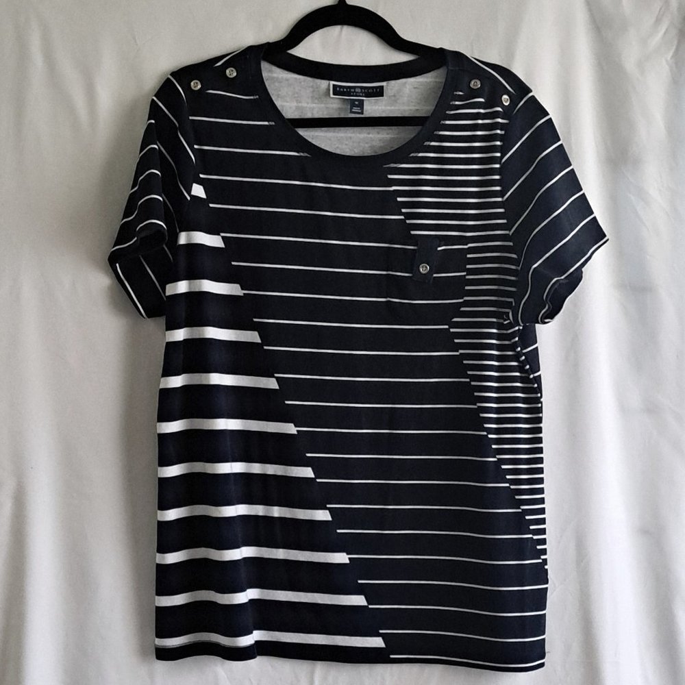 Tshirt, 1X, Blue, White, Horizontal Stripes, Short Sleeve, Karen Scott Sport